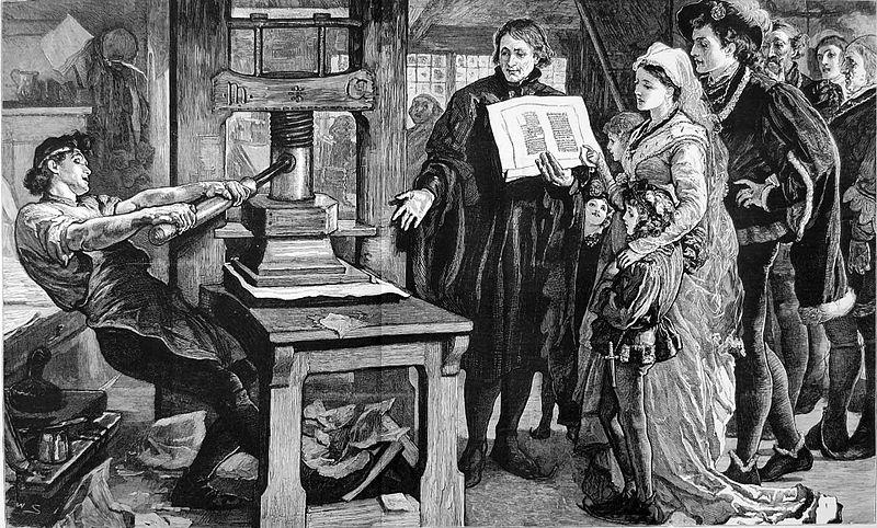 Commemorating 400 years of printing, this 1877 image from The Graphic portrays 15th-century printer William Caxton showing samples to the royal family. Wikimedia Commons 