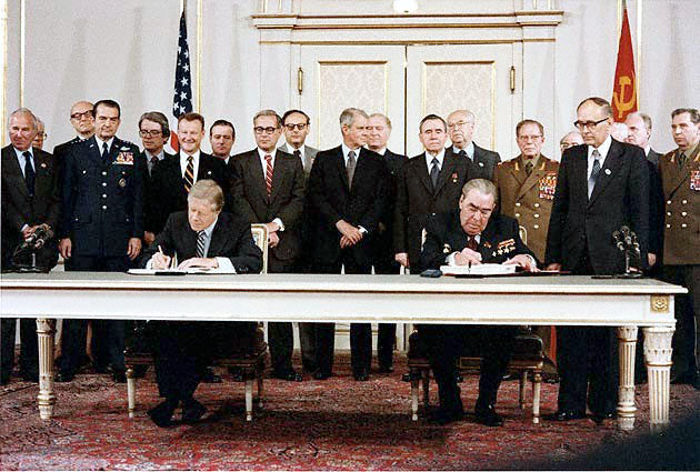 Jimmy Carter and Leonid Brezhnev sign the Strategic Arms Limitation Talks (SALT II) treaty in Vienna in June 1979. Wikimedia Commons 