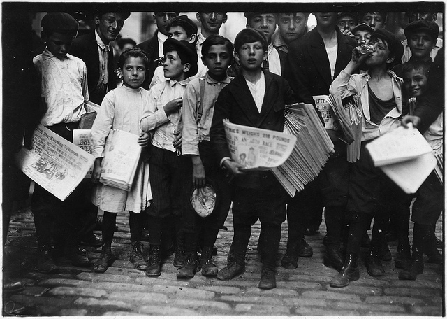 Newsboys and newsgirl. Getting afternoon papers. New York City, July 1910