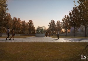 The design concept includes a raised lawn with a central sculpture. World War I Centennial Commission, ww1cc.org/selectee.