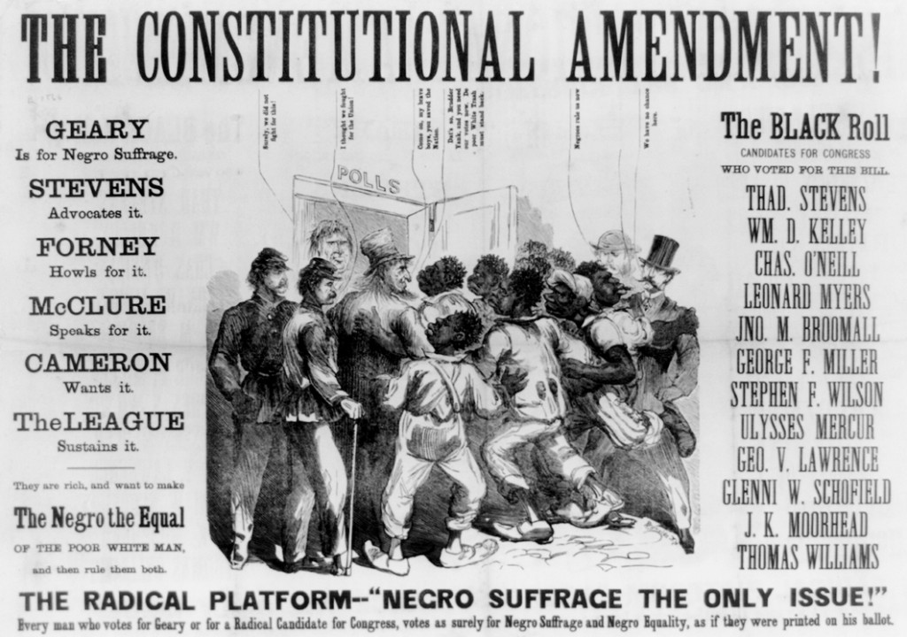 The Constitutional Amendment! A racist poster issued in 1866 by supporters of Democratic candidate Hiester Clymer as part of a smear campaign against Pennsylvania Republican gubernatorial nominee John White Geary. Credit: Library of Congress