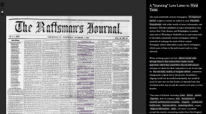 “Love Letter” is an interactive exhibit of the front page of the November 4, 1868, edition of the Raftsman Journal on Viral Texts.